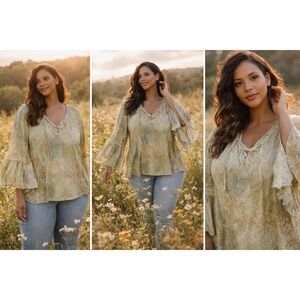 Jessica Max Womens 1X Boho Paisley Animal Print Lace Up Bell Sleeve Blouse Green